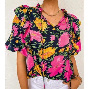 Last 1! NWT Floral Bubble Sleeve Ruffle Blouse